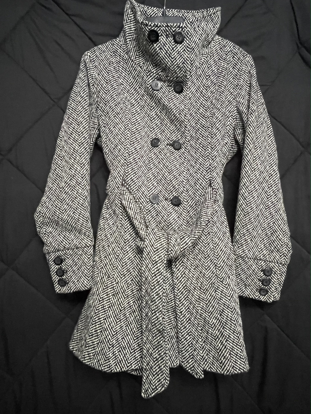 Jones New York Black & White Herringbone Belted Double-Breasted Trench